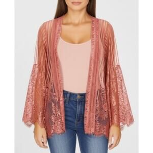 Xhilaration Women's Mauve Pink Lace Open Front Stripe Floral Cardigan Size XS